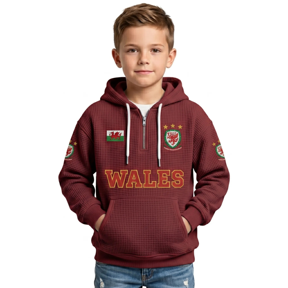 Wales Printed Waffle Quarter Zip Football Fan Hoodie For Kids
