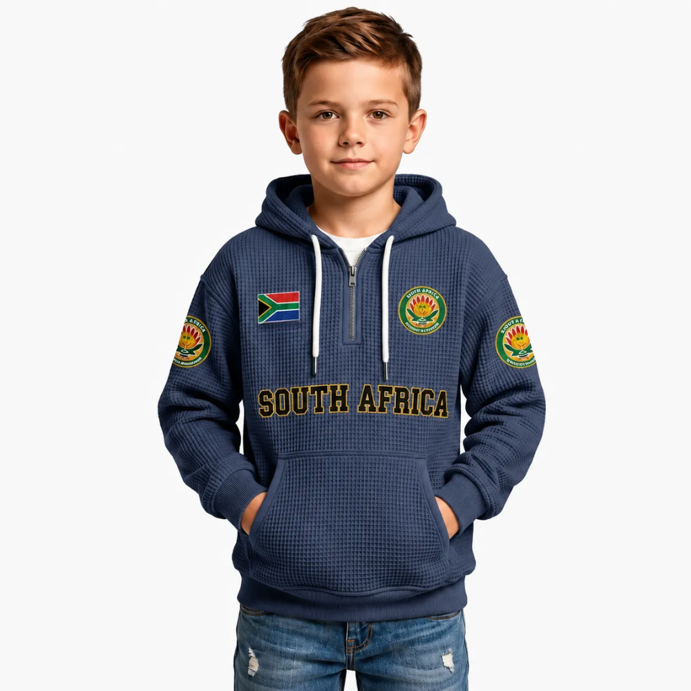 South Africa Printed Waffle Quarter Zip Football Fan Hoodie For Kids