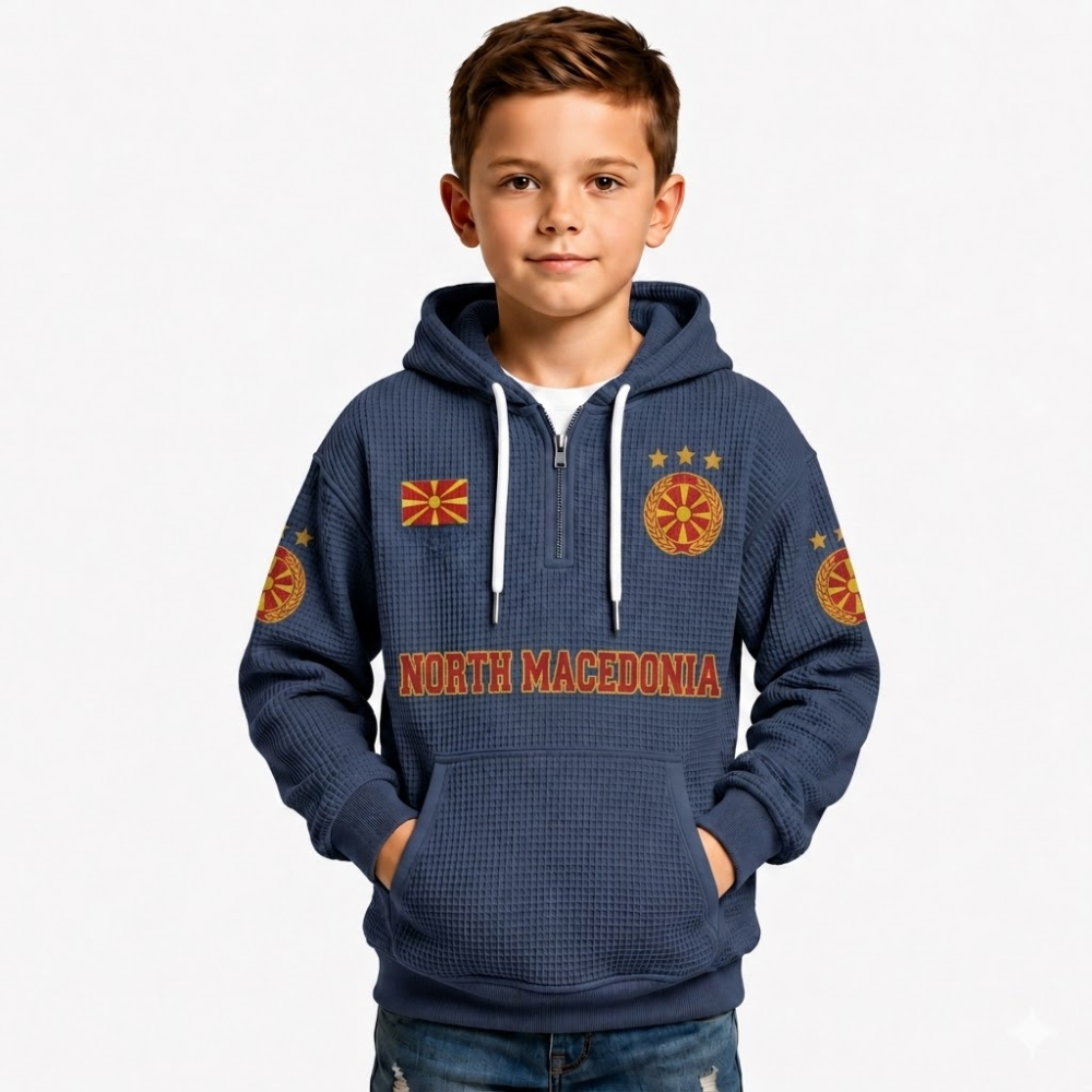 North Macedonia Printed Waffle Quarter Zip Football Fan Hoodie For Kids