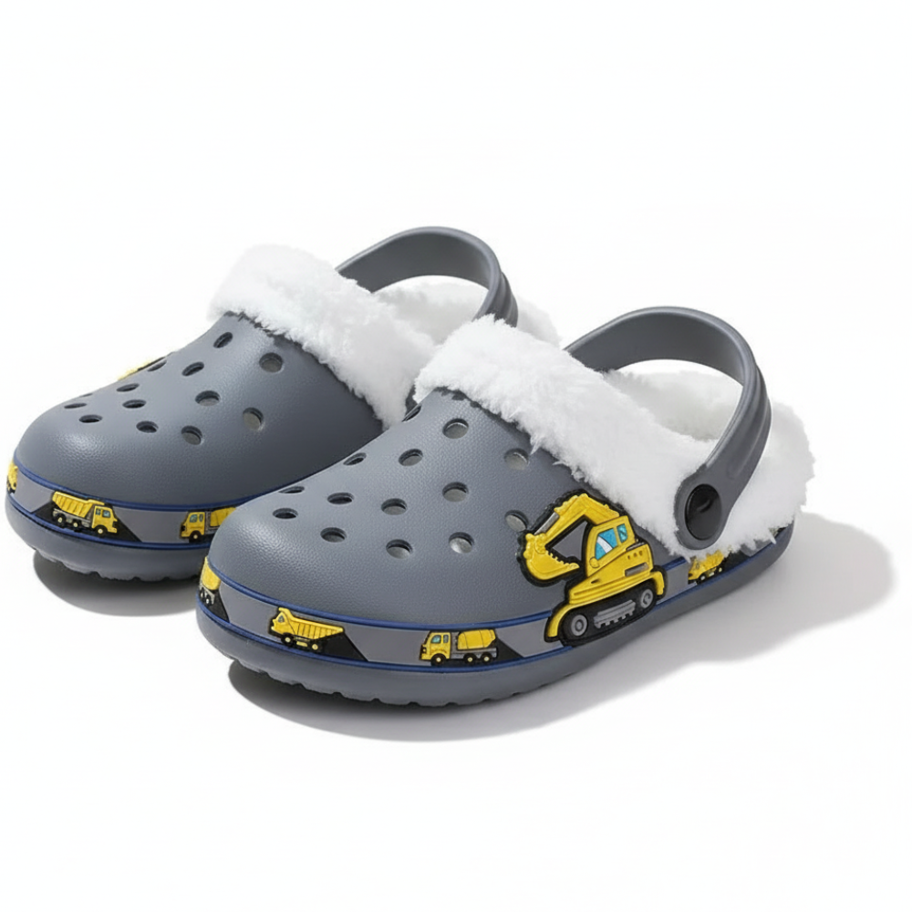 Fleece Lined Cartoon Construction Vehicle Design Clogs For Kids