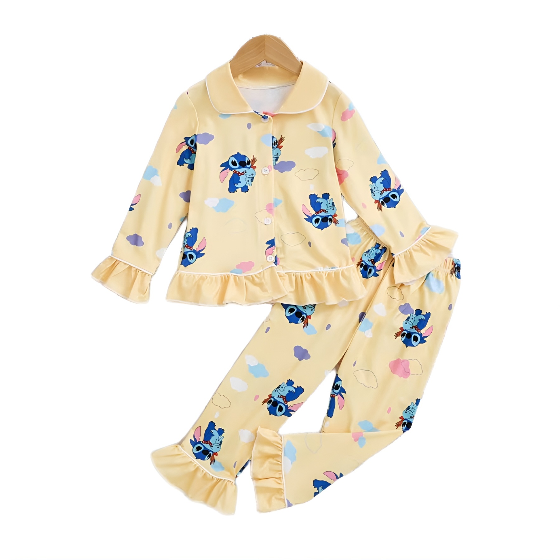 Long Sleeve With Ruffle Design Pajama Set For Girls