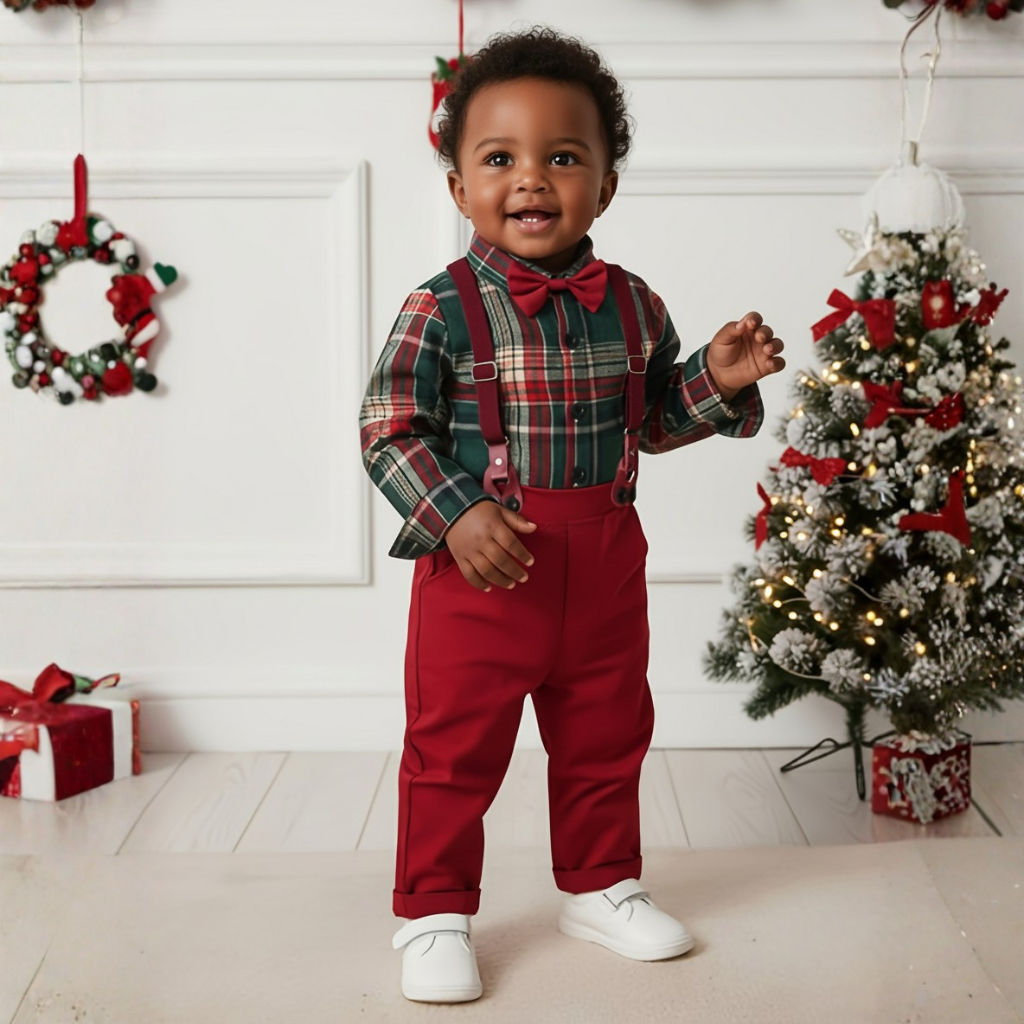 Two Piece Set With Plaid Shirt And Long Pants For Boys