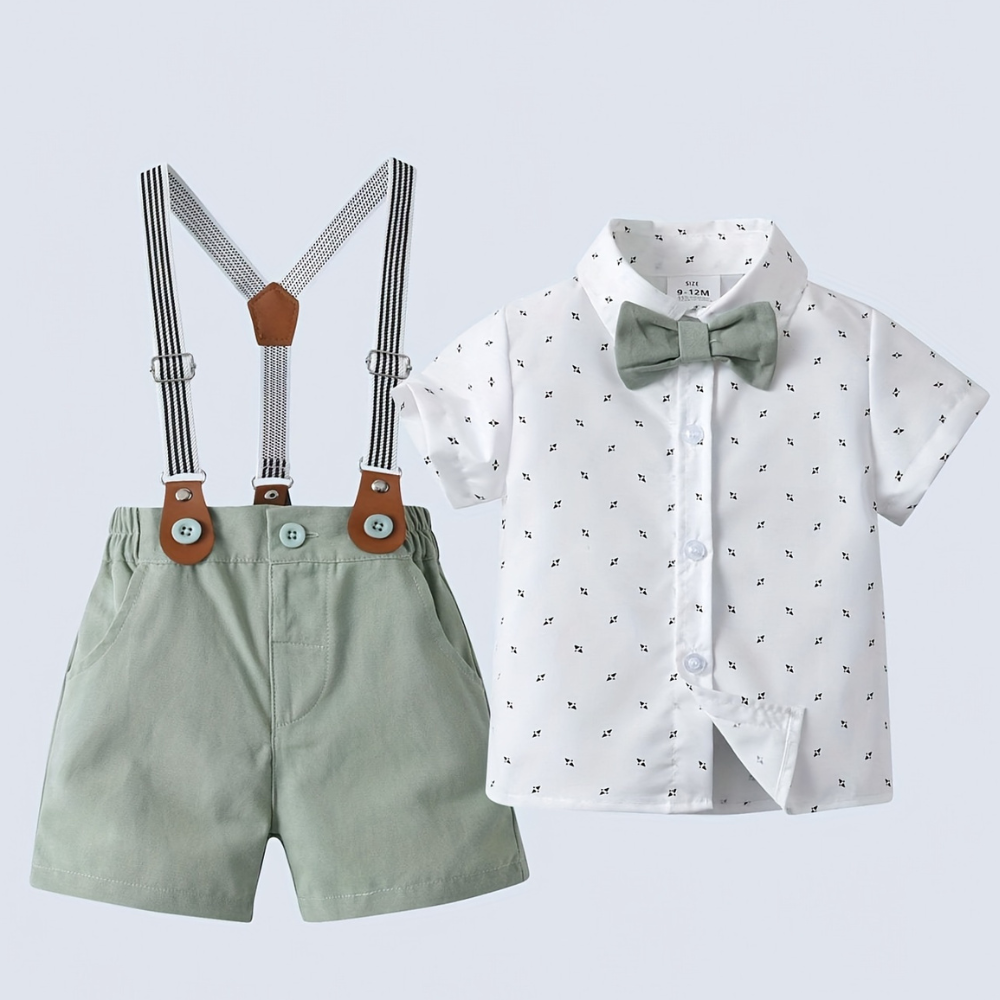 Short Sleeve Shirt With Bow Tie And Suspenders Shorts Set For Baby Boys