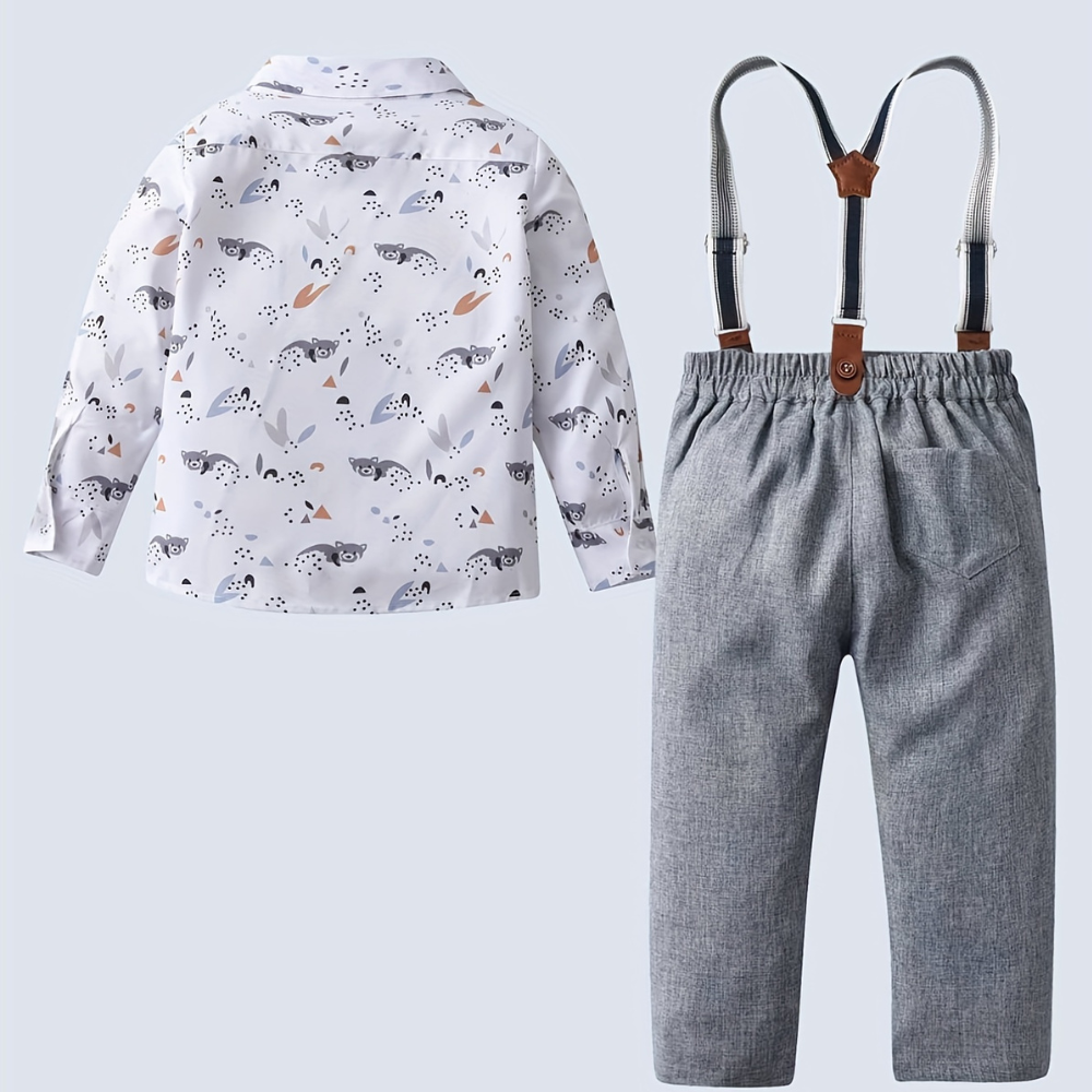Printed Long Sleeve Shirt And Pants With Bow Tie And Suspenders
