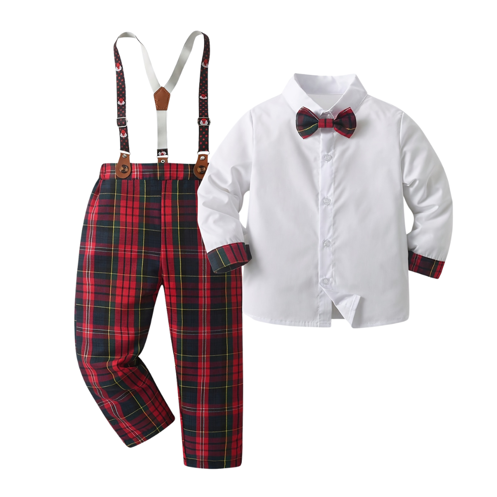 Plaid Overall Shirt Set With Bow