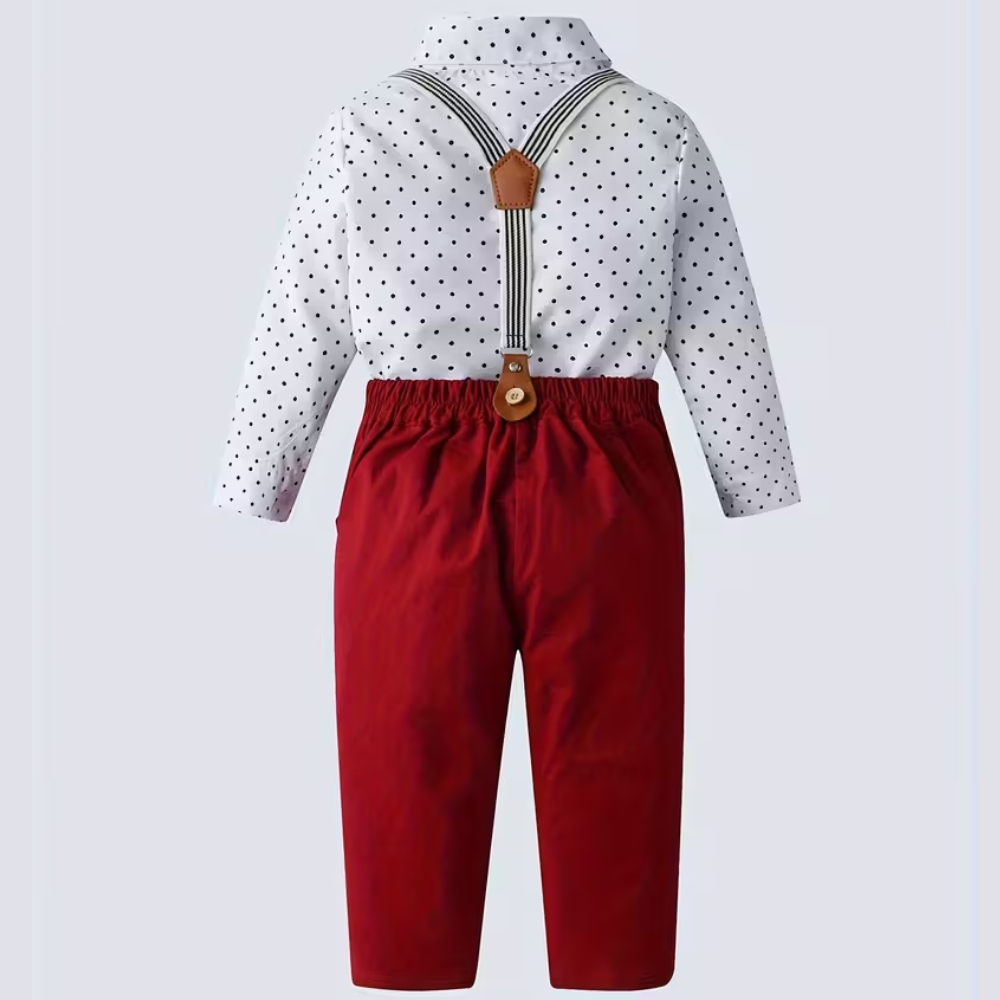 2 Piece Of Gentleman Outfit With Bow Tie Shirt And Suspender Pants Set For Boys