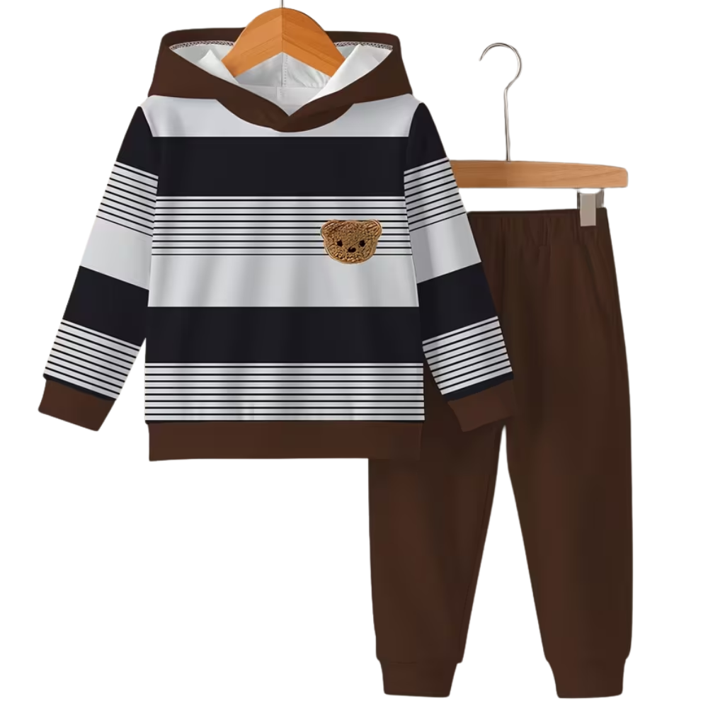 Striped Hoodie And Pants Set With Bear Design For Boys