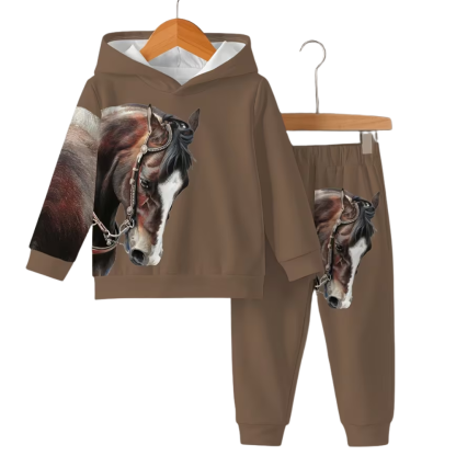 Hoodie And Pants Set With Horse Print For Boys