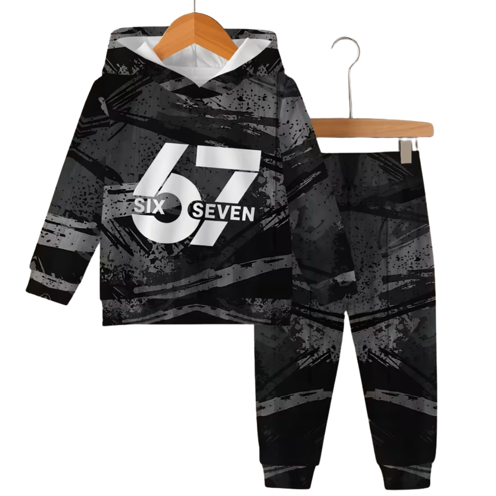 67 Print Casual Hoodie And Pants Set With Stripes