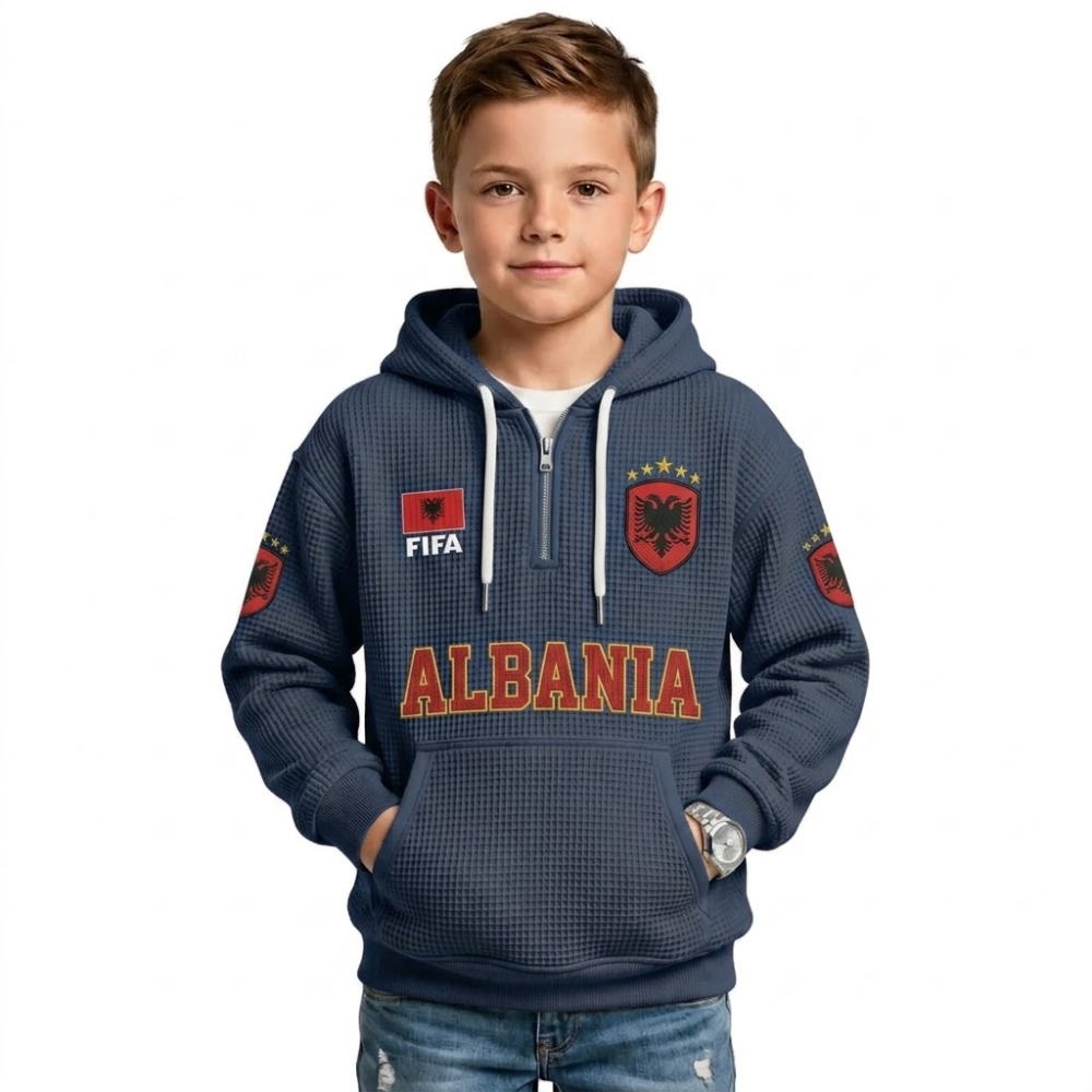 FIFA 2026 Albania Printed Waffle Quarter Zip Football Fan Hoodie For Kids