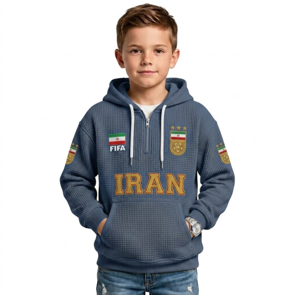 FIFA 2026 Iran Printed Waffle Quarter Zip Football Fan Hoodie For Kids