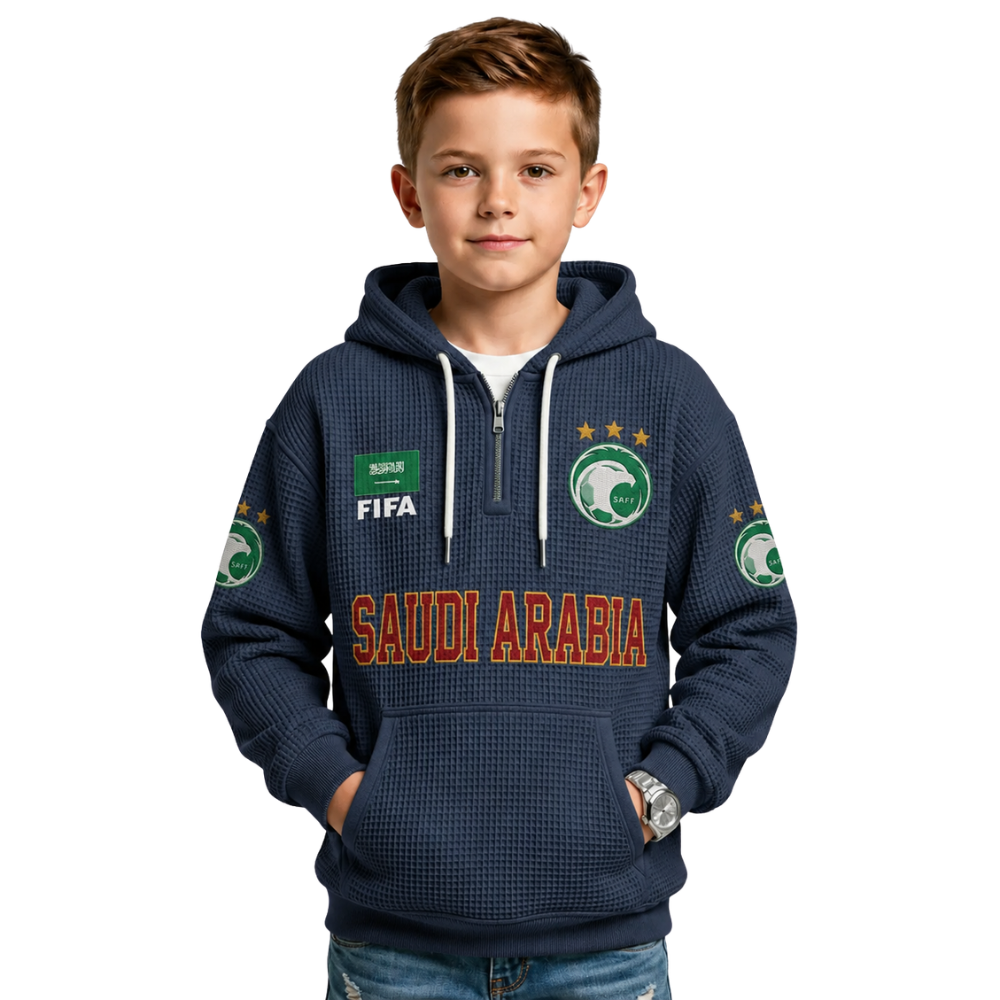 FIFA 2026 Saudi Arabia Printed Waffle Quarter Zip Football Fan Hoodie For Kids