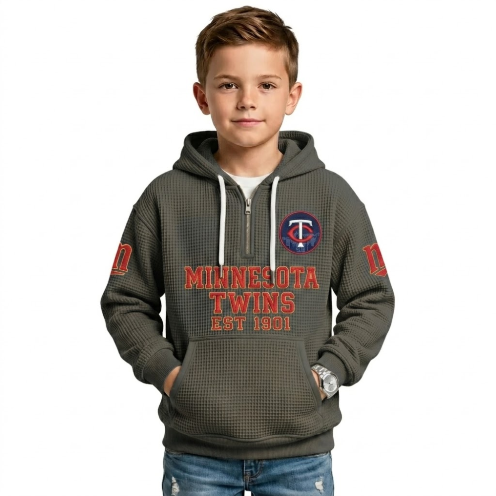 Minnesota Twins EST 1901 Printed Waffle Quarter Zip Baseball Fan Hoodie For Kids