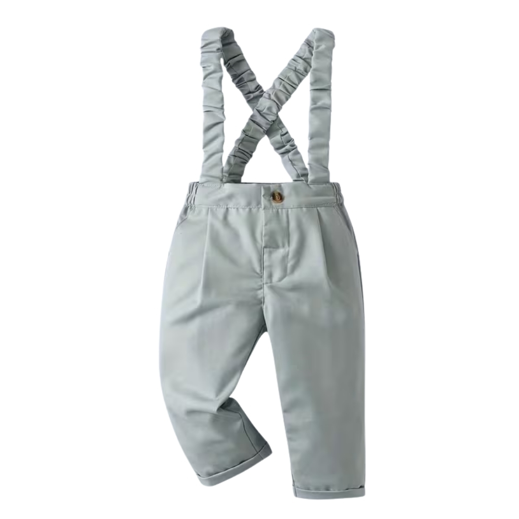 2 Piece Of Gentleman Outfit With Bow Tie Shirt And Suspender Pants Set For Baby Boys