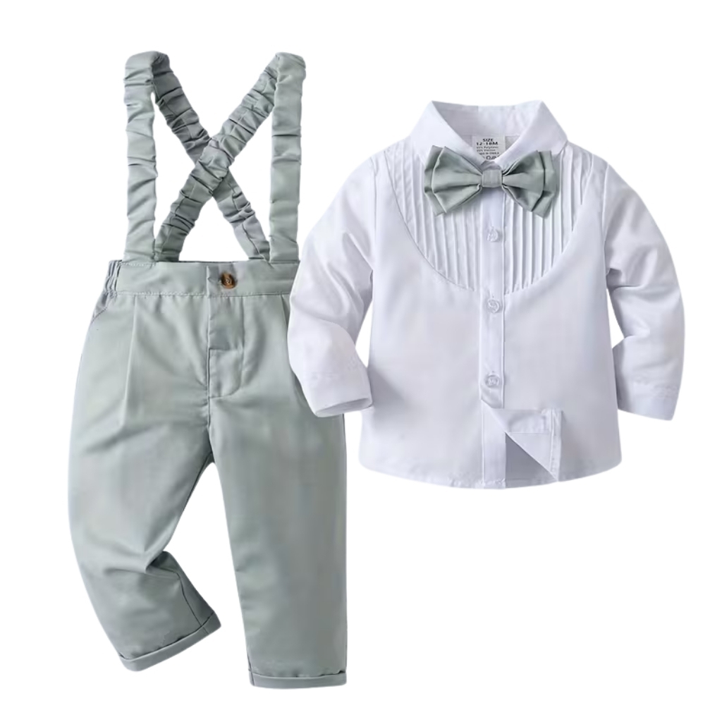 2 Piece Of Gentleman Outfit With Bow Tie Shirt And Suspender Pants Set For Baby Boys