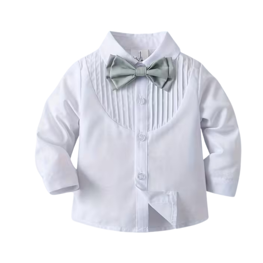 2 Piece Of Gentleman Outfit With Bow Tie Shirt And Suspender Pants Set For Baby Boys