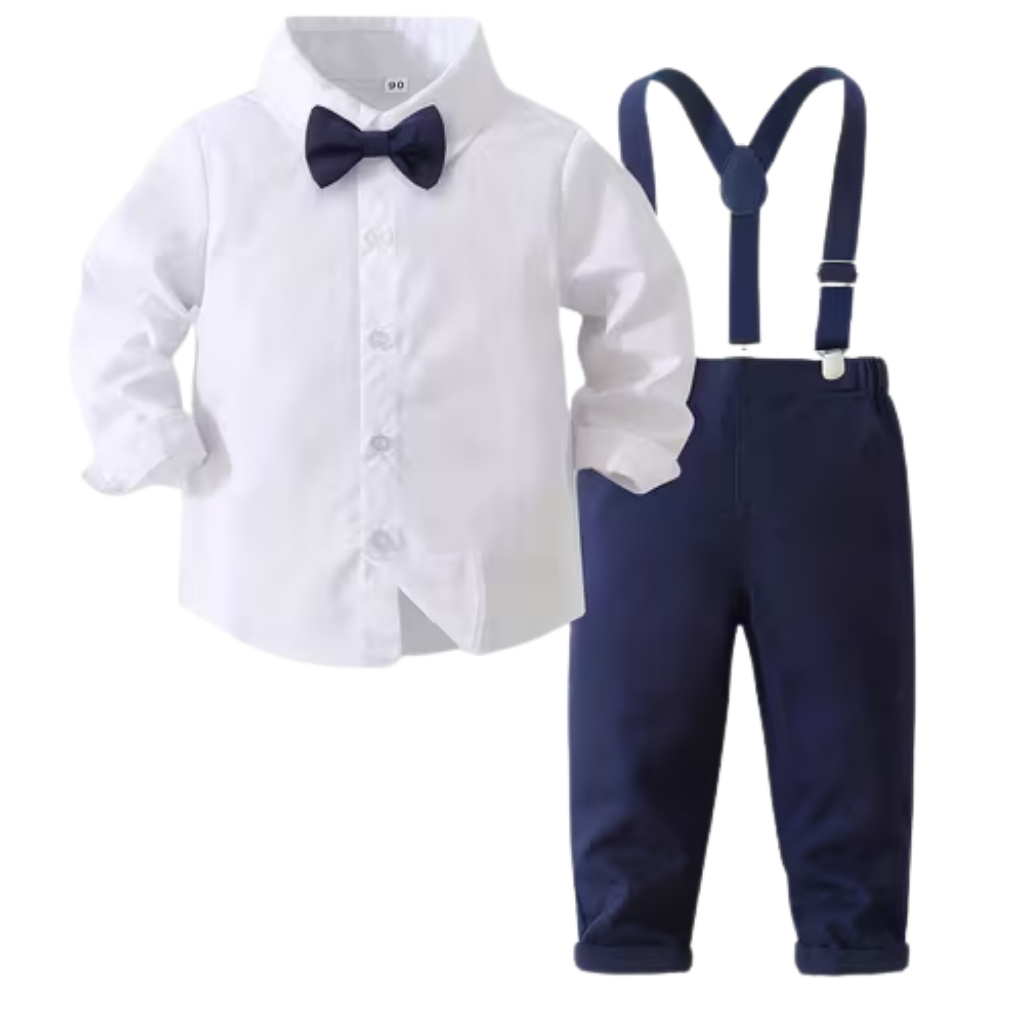 2 Piece Of Gentleman Outfit With Bow Tie Shirt And Suspender Pants Set For Baby Boys