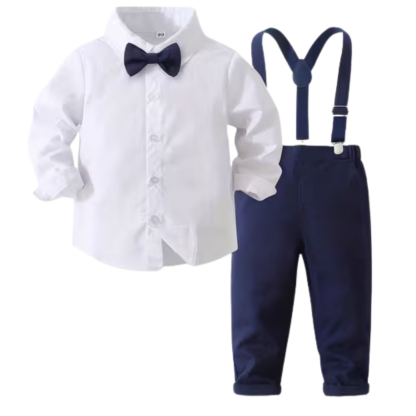 2 Piece Of Gentleman Outfit With Bow Tie Shirt And Suspender Pants Set For Baby Boys