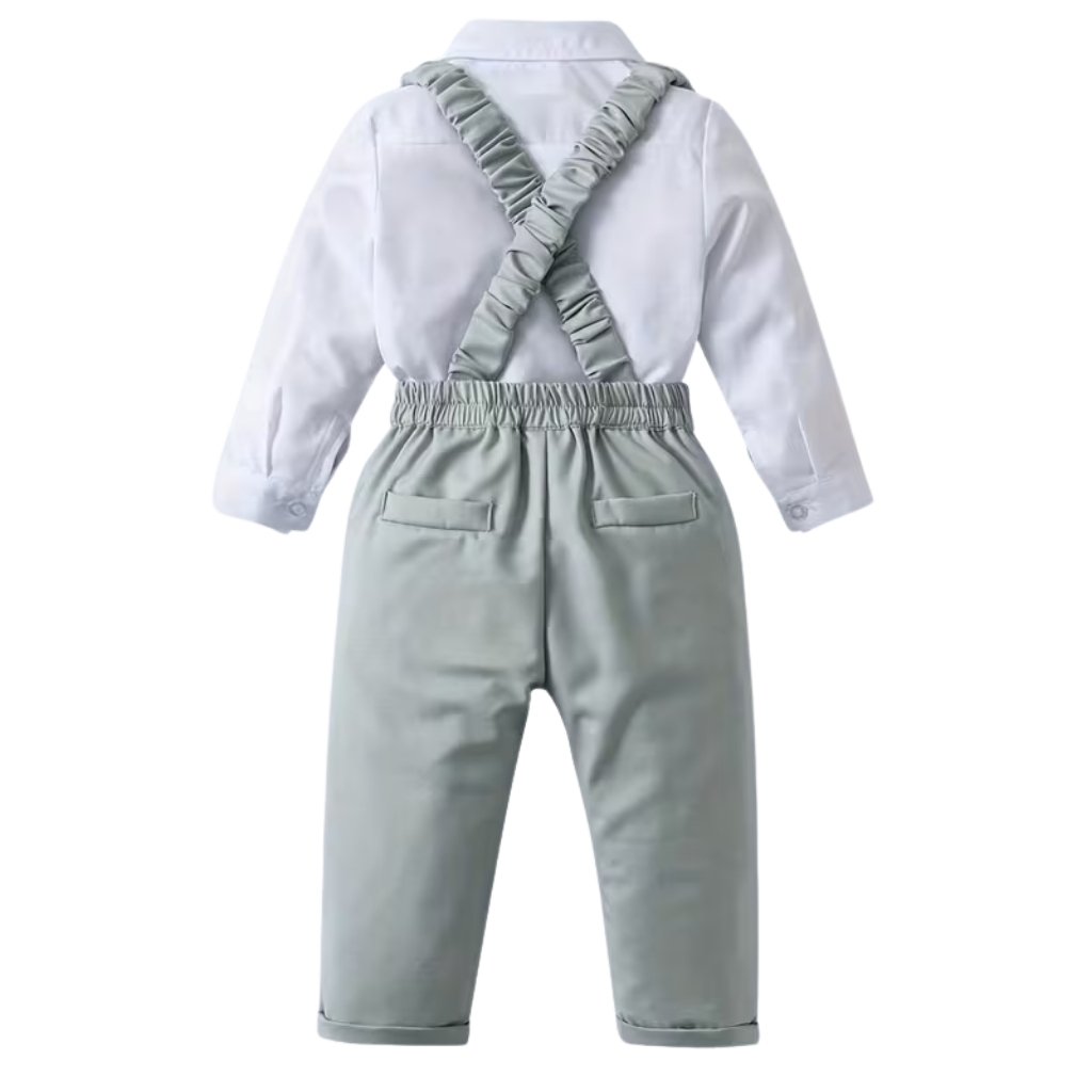 2 Piece Of Gentleman Outfit With Bow Tie Shirt And Suspender Pants Set For Baby Boys