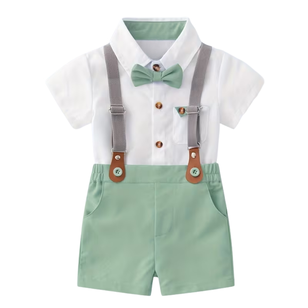 2 Piece Of Gentleman Outfit With Bow Tie Shirt And Suspender Shorts Set For Boys