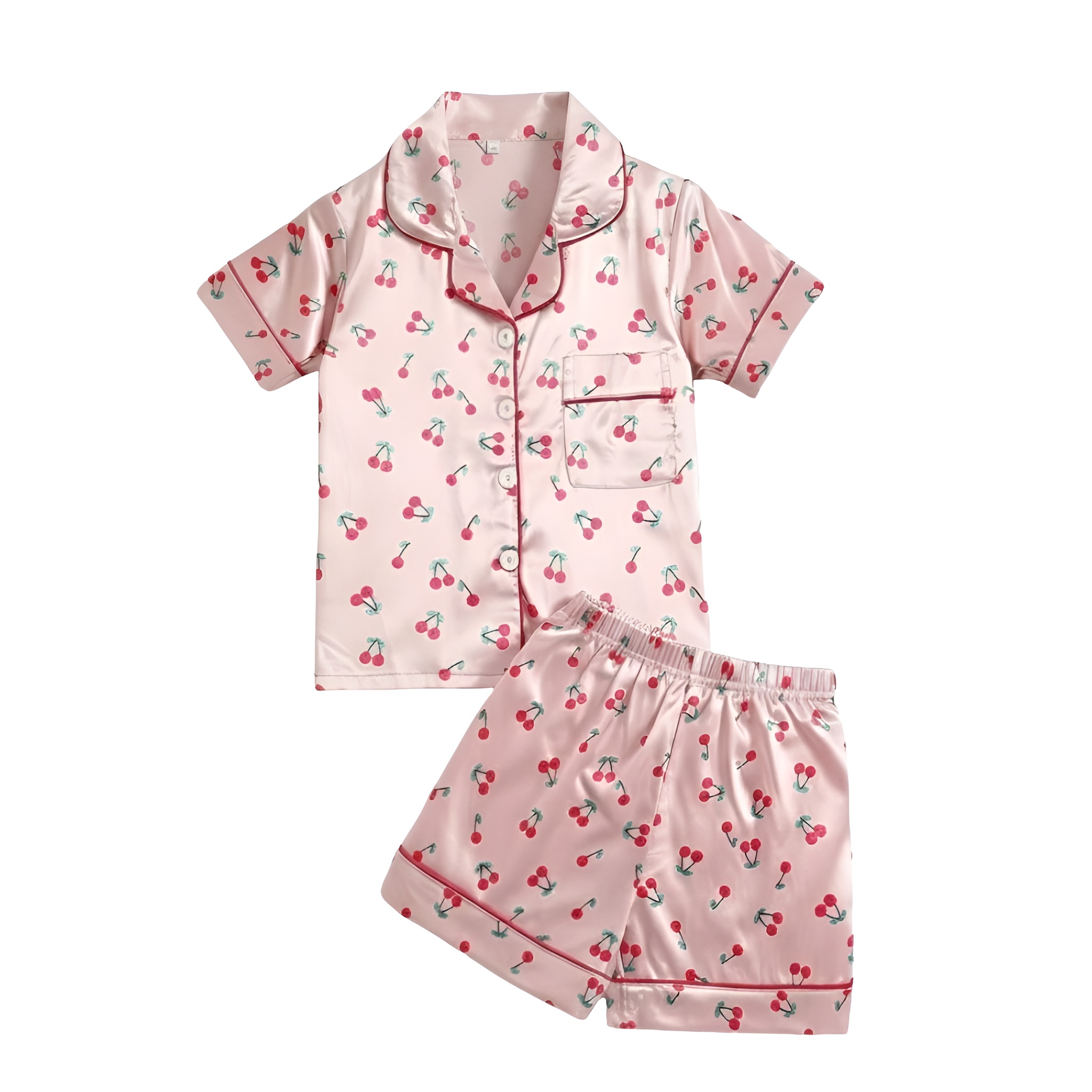 2 Piece Pajama Set With Cherry Print Top And Shorts For Girls