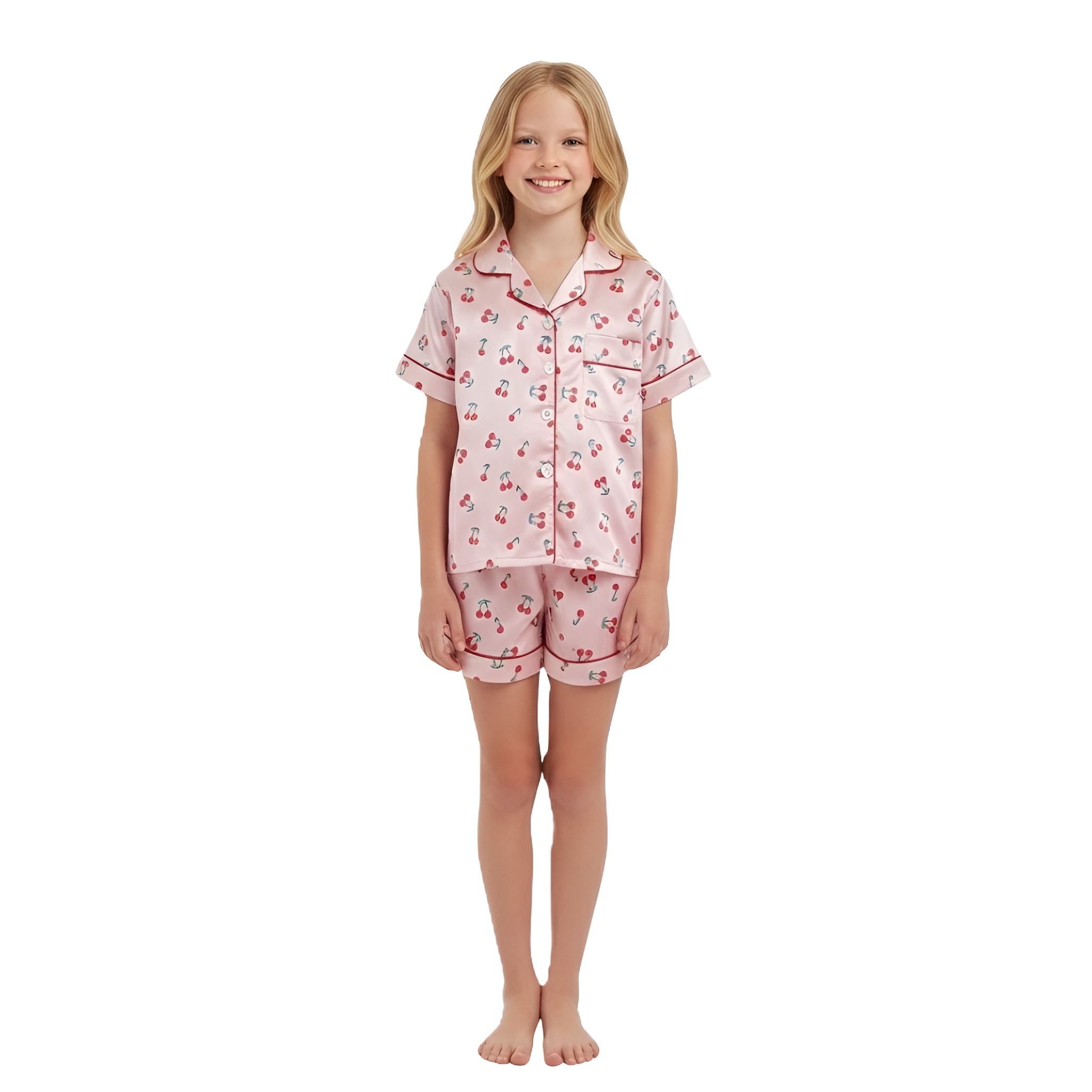 2 Piece Pajama Set With Cherry Print Top And Shorts For Girls