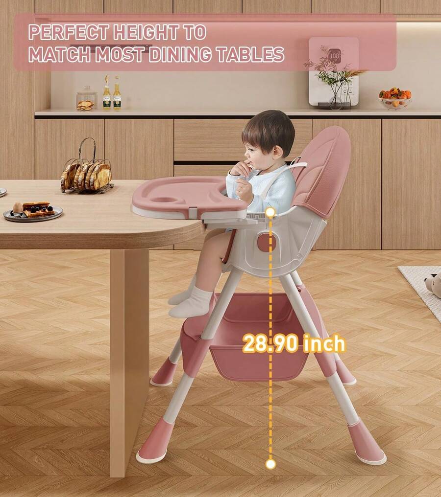 Cochildor 5-In-1 Convertible Baby High Chair - Foldable, Adjustable Height Booster Seat With Removable PU Cushion & Tray | For Babies & Toddlers  | No Wheels | Pink, Beige, Green - Pink - View 5