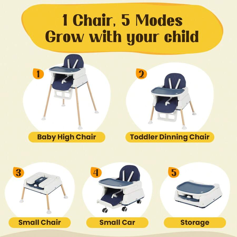 Baby High Chair,7-In-1 Foldable Baby High Chair For 0-36 Months - 5 Height Adjustable Convertible Infant Toddler Feeding Chair, Removable Easy-Clean Tray & Swivel Wheels, Soft PU Seat High Chair With Safety Harness, Multi-Stage High Chair For Home Dining, Travel & Small Spaces,Blue & Gray - Blue - View 5
