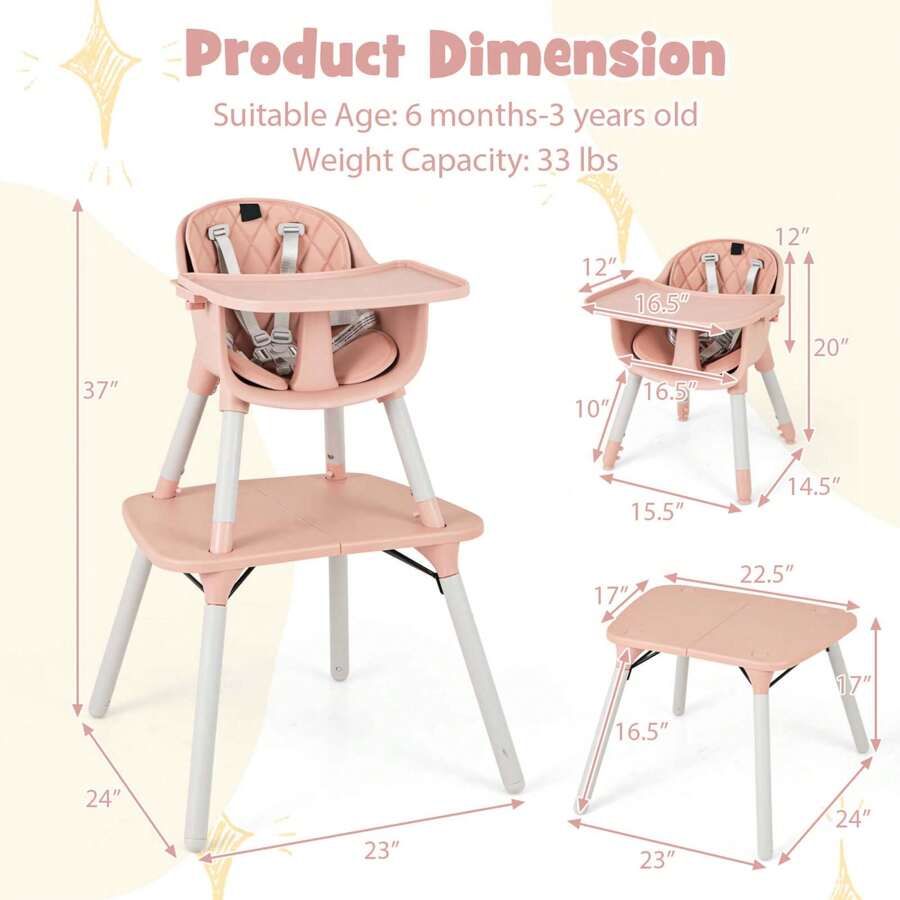 4 In 1 Baby High Chair Convertible Toddler Table Chair Set With PU Cushion Beige/Gray/Brown/Pink - Pink - View 4