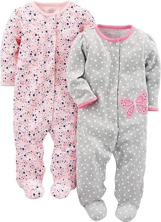 Baby Sleepers Pajamas – Floral & Polka Dot 2-Pack in Soft Cotton-Diaper Reusable