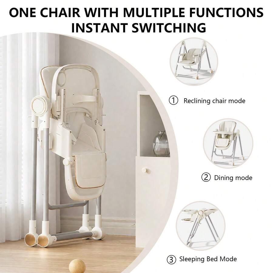 CHIQUERID Baby High Chair,Foldable High Chair ,Adjustable 2-In-1 High Chair&Swing Chair With 4 Locking Wheels/Double Tray For Babies And Toddlers,Comfortable/Easily Meets Baby's Feeding And Resting Needs - White - View 4