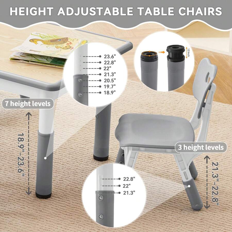 Kids Study Table And Chairs Set, Height Adjustable Toddler Table And Chair Set For Kids Ages 3-8, 31.5" L X 23.6" W Graffiti Desktop Plastic Children Art Table With 4 Seats - Grey - View 2