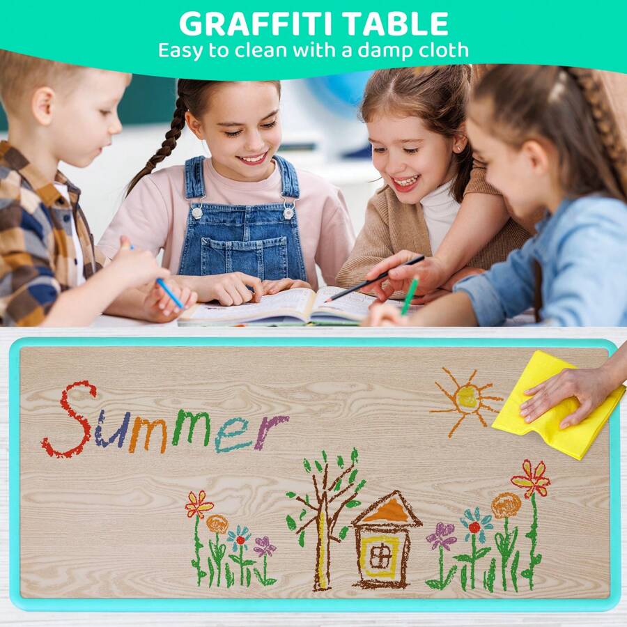 MAMIZO Kids Table And 6 Chairs Set, Height Adjustable Graffiti Table, Preschool Activity Art Craft Table, For Daycare Classroom Home Boys And Girls Age 3-12 - Robin Egg Blue - View 3