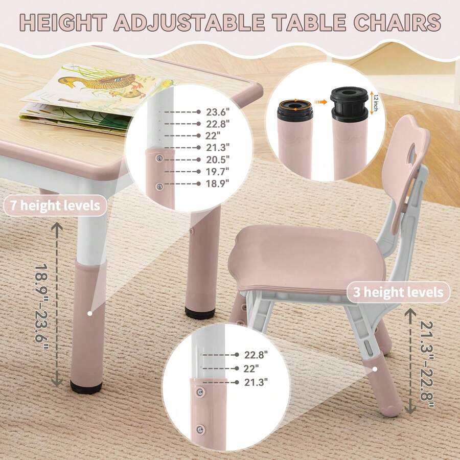 Kids Study Table And Chairs Set, Height Adjustable Toddler Table And Chair Set For Kids Ages 3-8, 23.6" L X 23.6" W Graffiti Desktop Plastic Children Art Table With 2 Seats - Pink - View 2