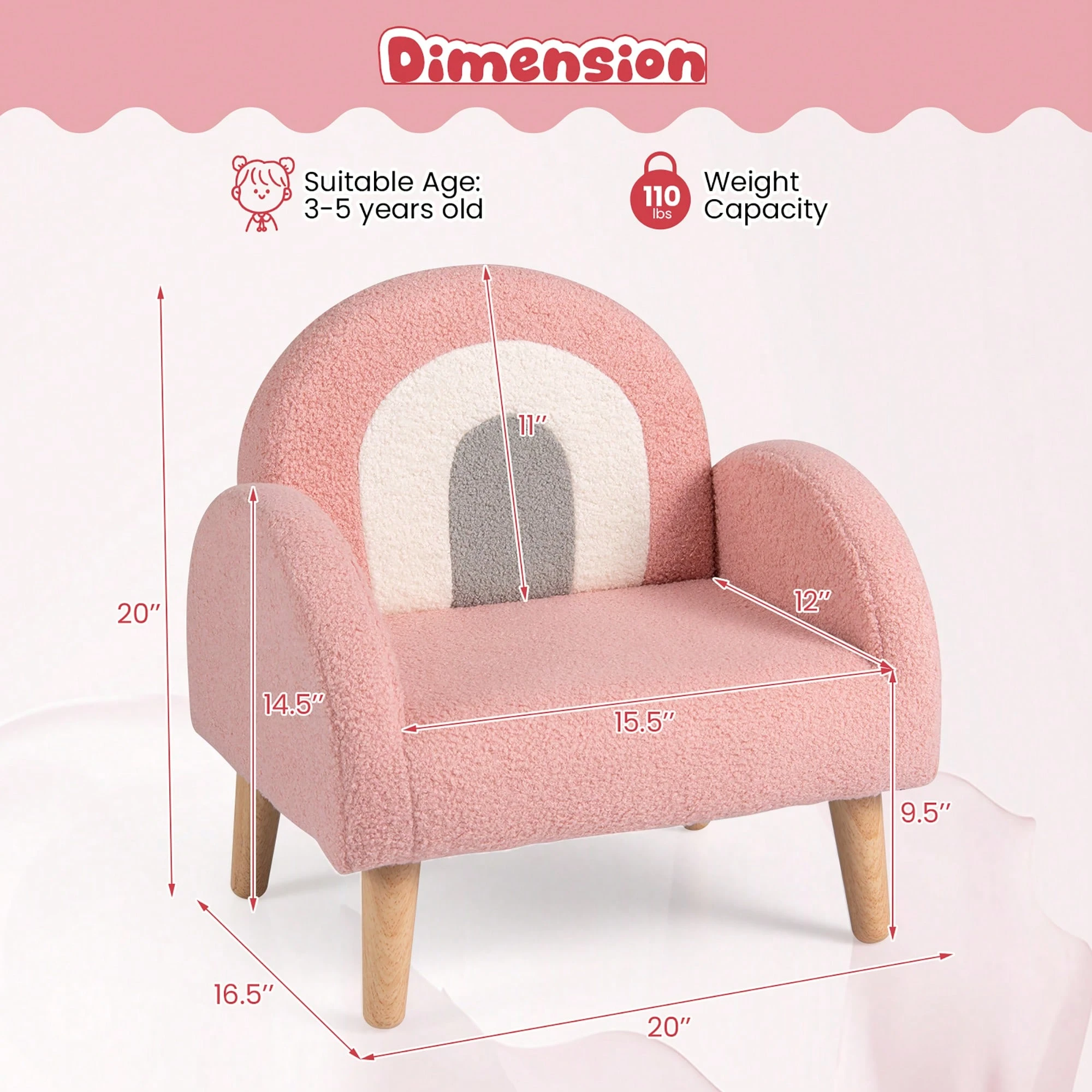 Soft Plush Kids Couch W/Comfy Backrest & Armrests Upholstered Children Floor Sofa - Pink - View 5