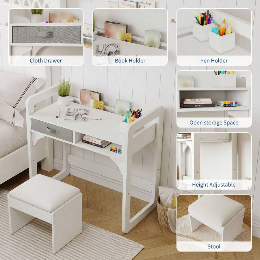 CuisinSmart Kids Study Desk And Chair Set,Kids Desk With Soft Stool,Wooden Children Study Table With Storage Drawer,Student Writing Desks For 3-8 Years Old - White - View 4