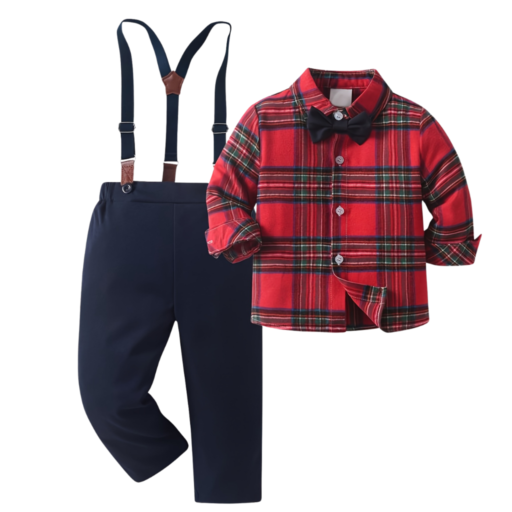Plaid Shirt Overall Set With Bow
