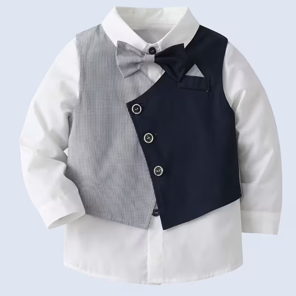 Four Piece Outfit Set With Long Sleeve Shirt with Bow Tie Vest And Pants