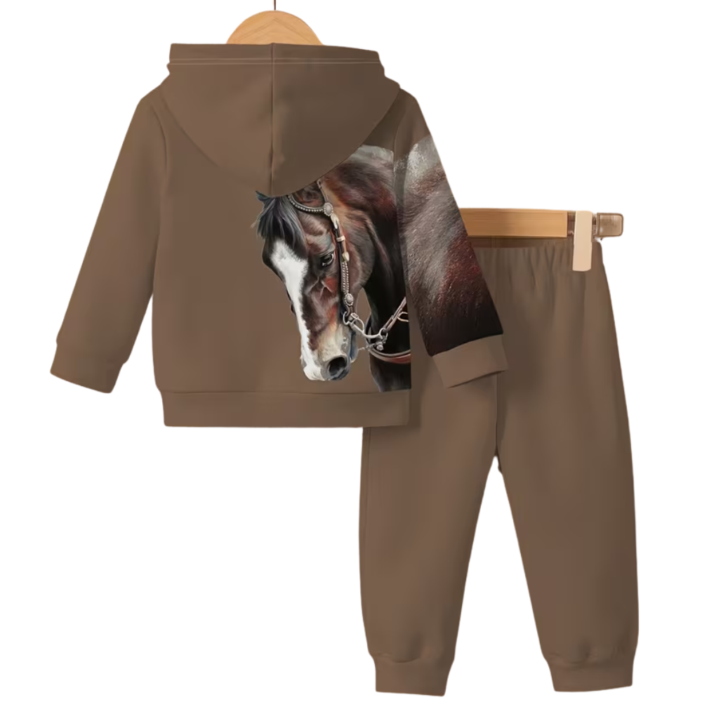 Hoodie And Pants Set With Horse Print For Boys