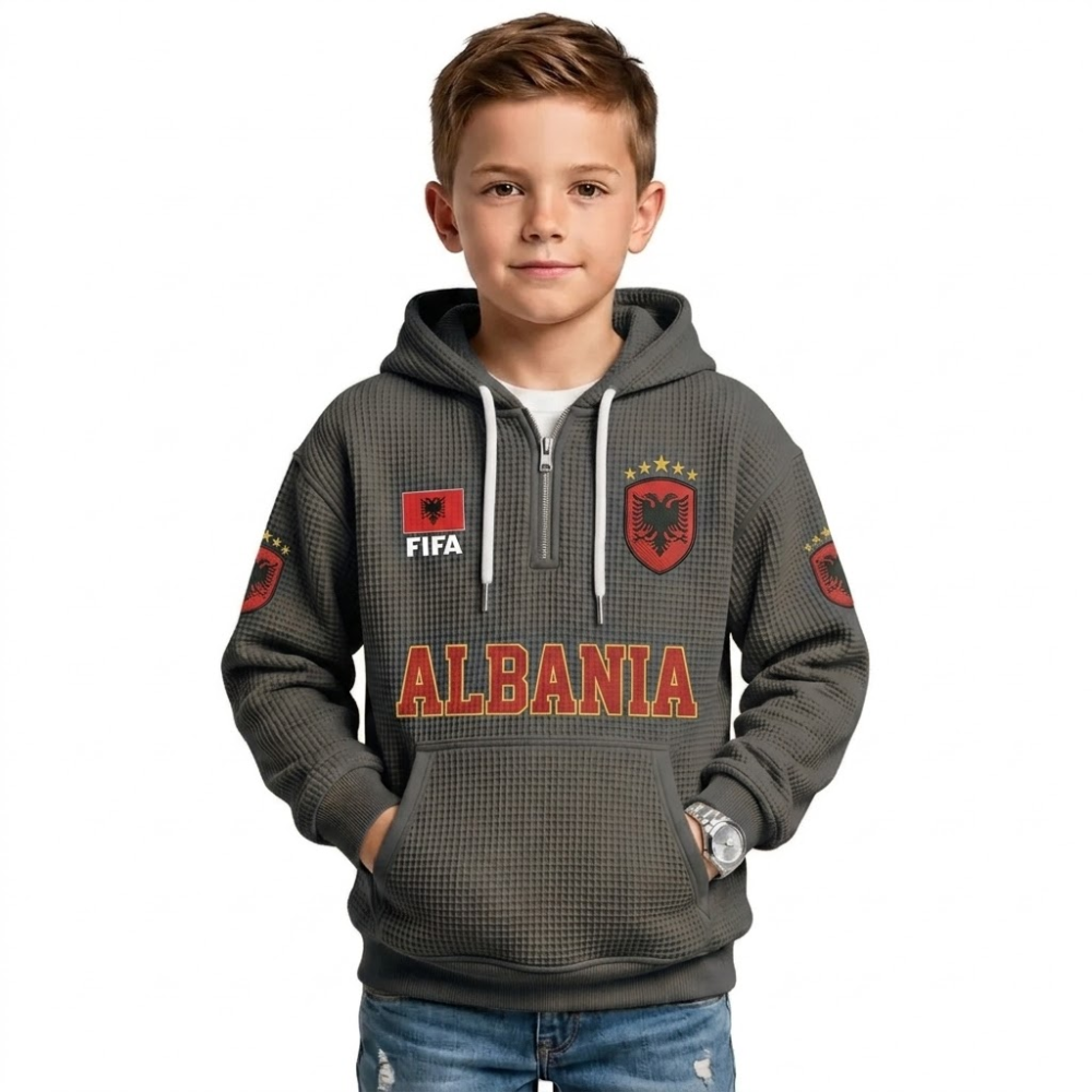 FIFA 2026 Albania Printed Waffle Quarter Zip Football Fan Hoodie For Kids