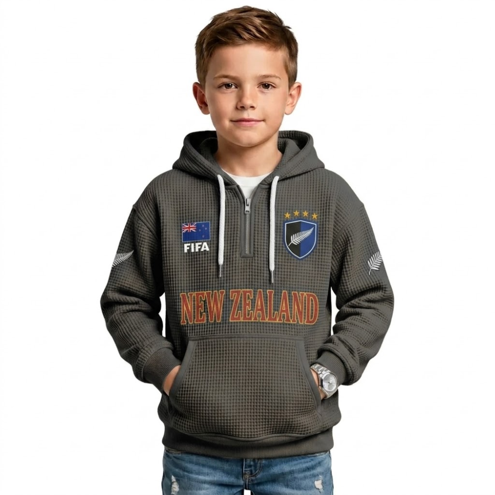 FIFA 2026 Zealand Printed Waffle Quarter Zip Football Fan Hoodie For Kids