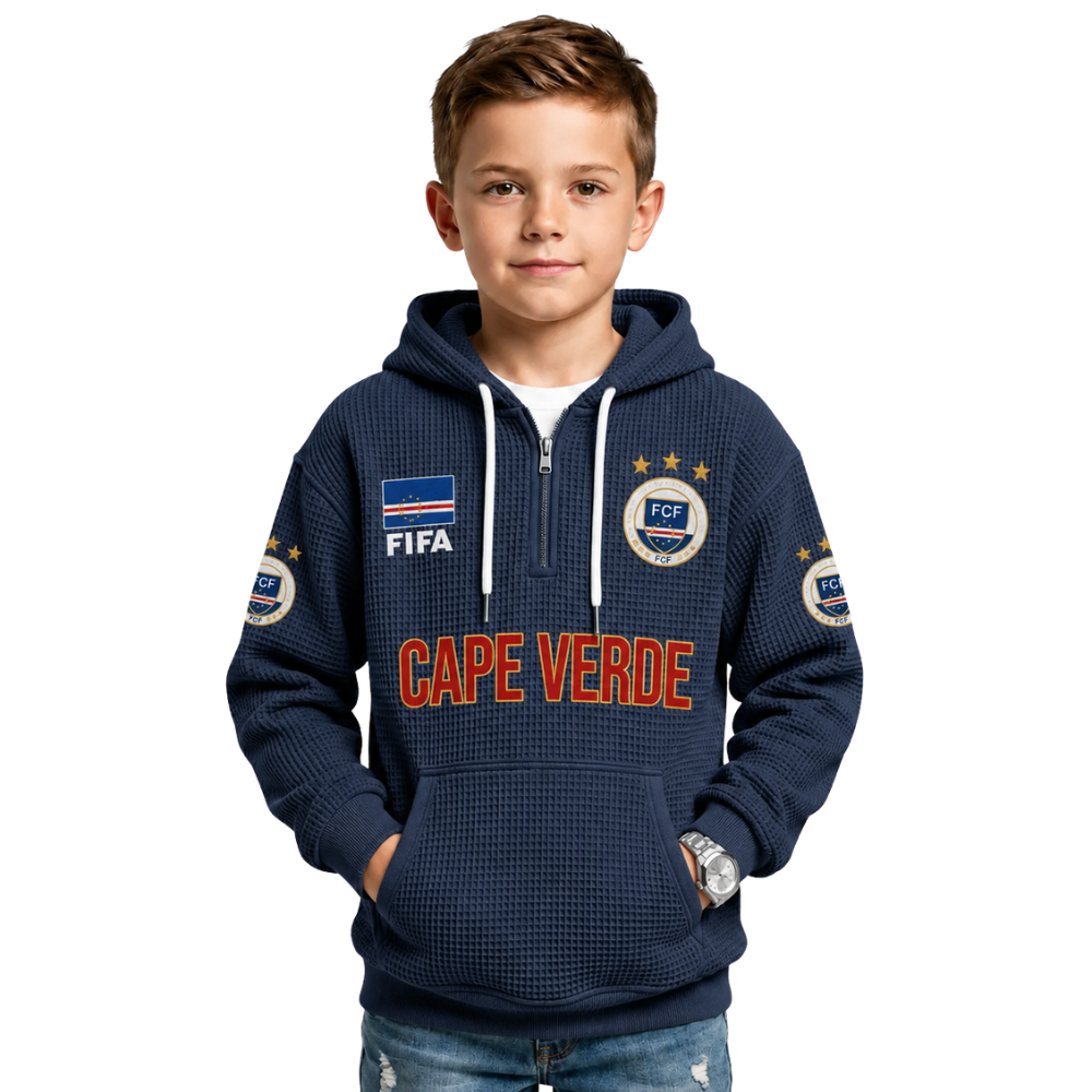 FIFA 2026 Cape Verde Printed Waffle Quarter Zip Football Fan Hoodie For Kids