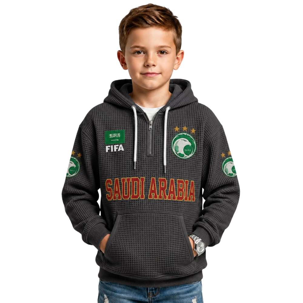 FIFA 2026 Saudi Arabia Printed Waffle Quarter Zip Football Fan Hoodie For Kids