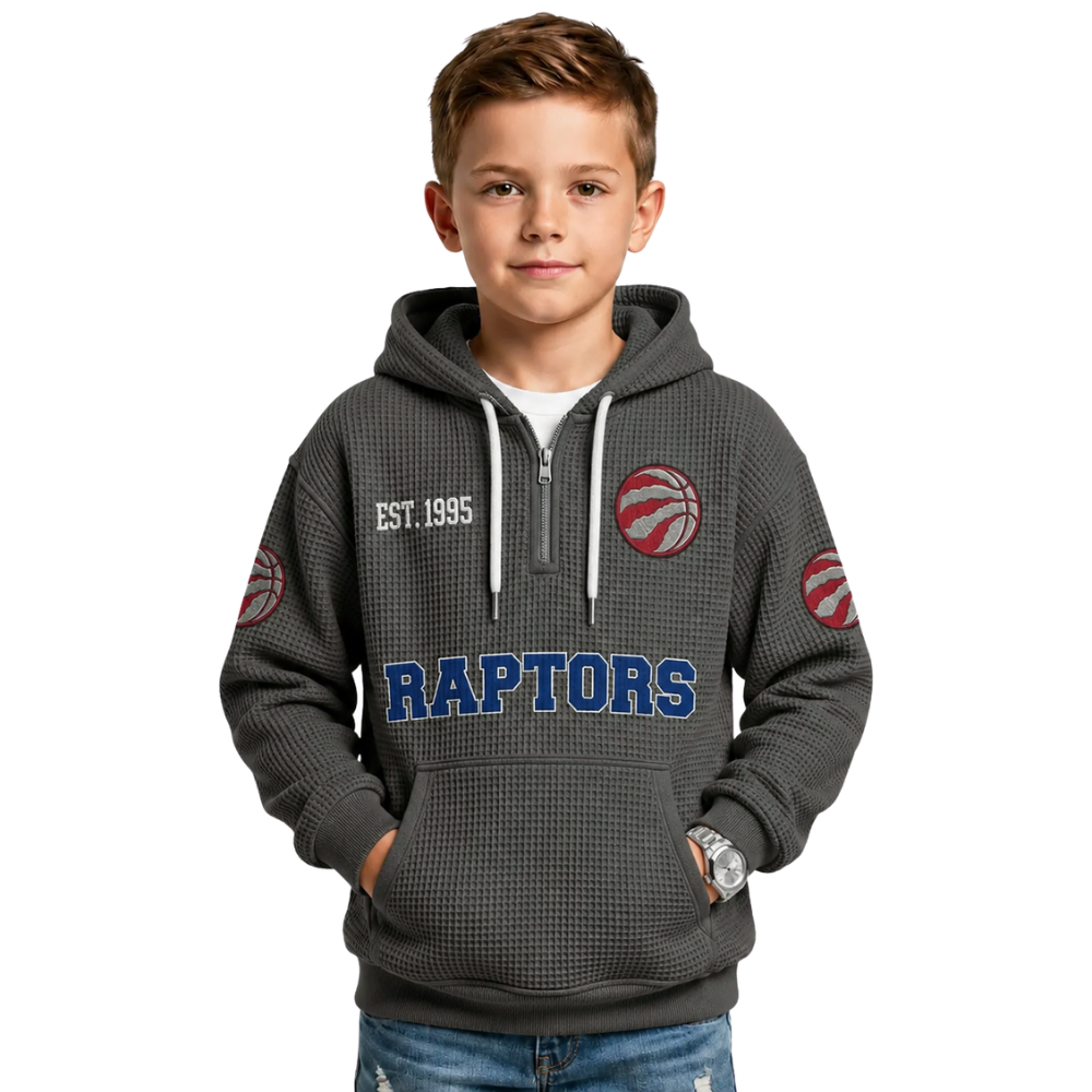 Toronto Raptors EST 1995 Printed Waffle Quarter Zip Basketball Fan Hoodie For Kids