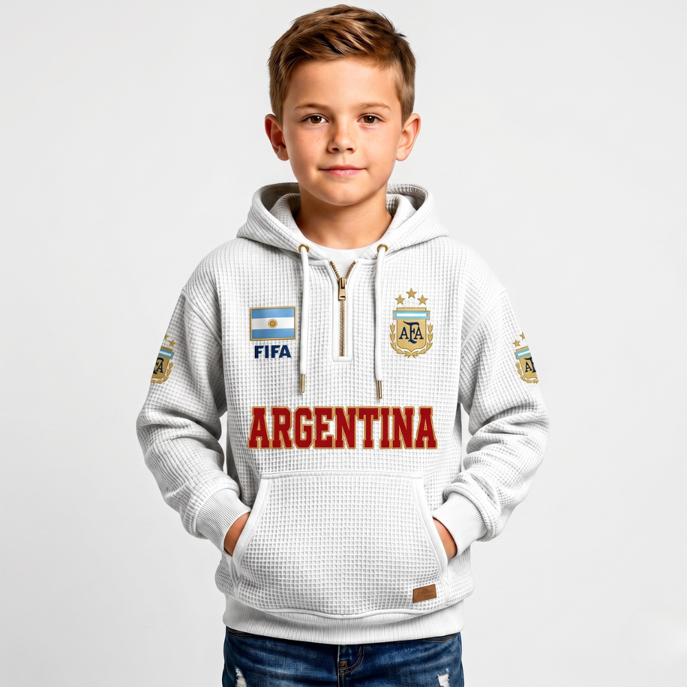 FIFA 2026 Argentina Printed Waffle Quarter Zip Football Fan Hoodie For Kids
