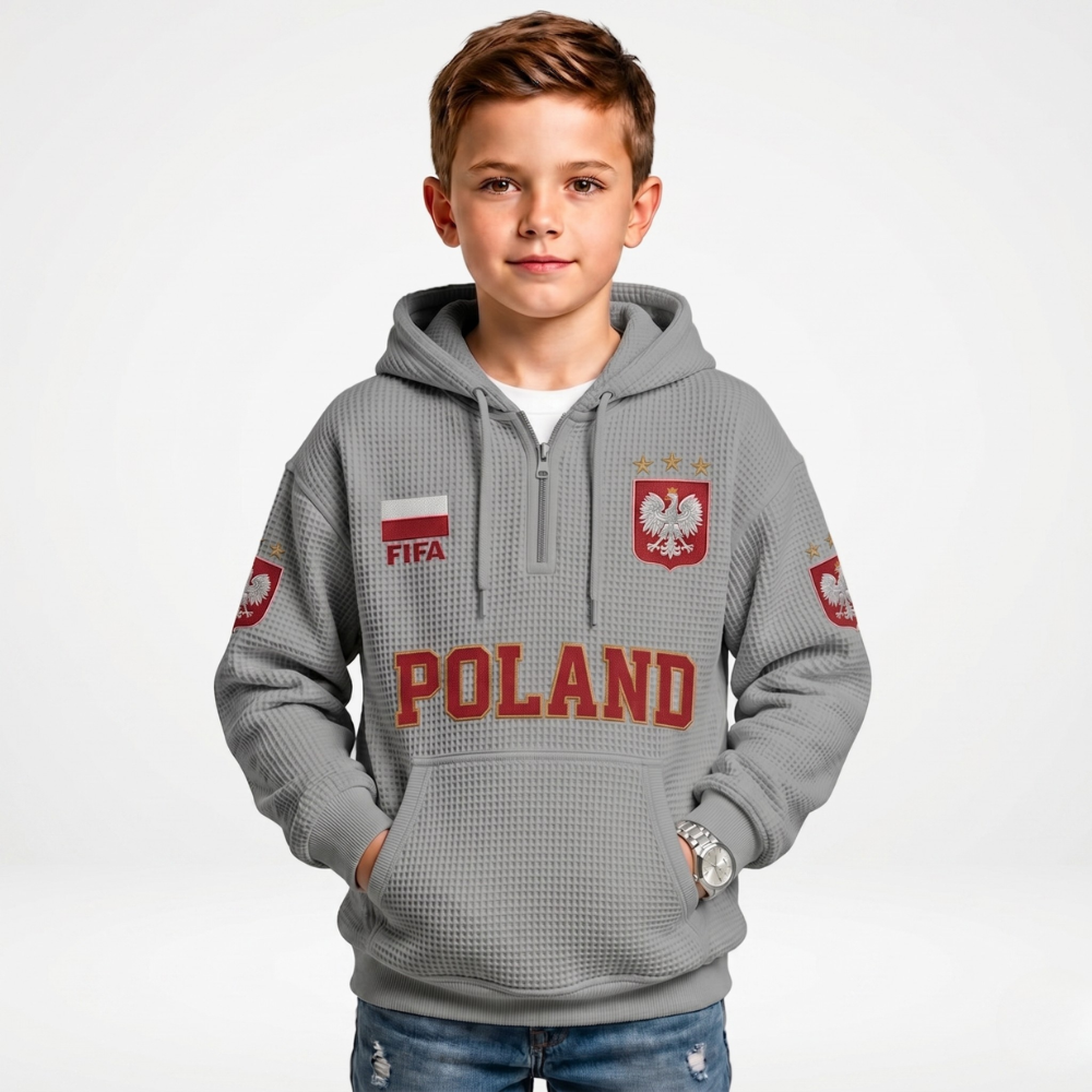FIFA 2026 Poland Printed Waffle Quarter Zip Football Fan Hoodie For Kids