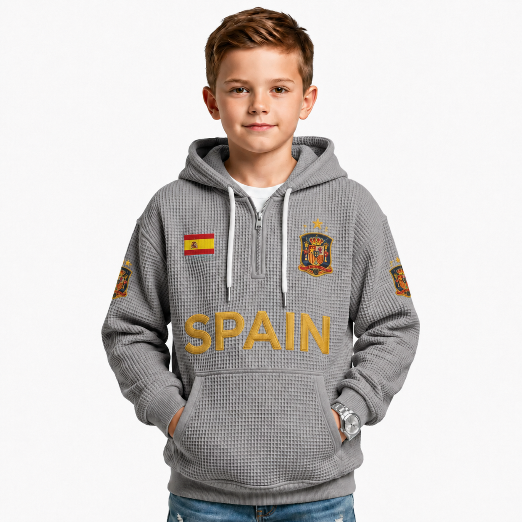 Spain Printed Waffle Quarter Zip Football Fan Hoodie For Kids