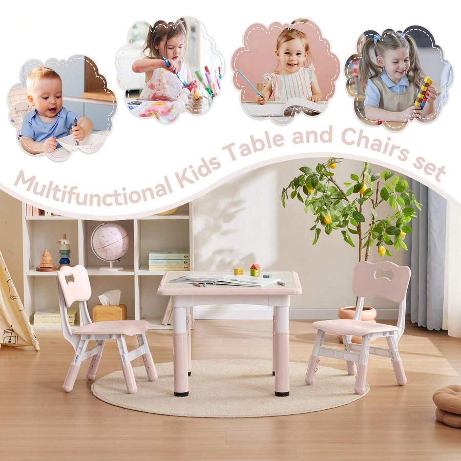 Kids Study Table And Chairs Set, Height Adjustable Toddler Table And Chair Set For Kids Ages 3-8, 23.6" L X 23.6" W Graffiti Desktop Plastic Children Art Table With 2 Seats - Pink - View 5