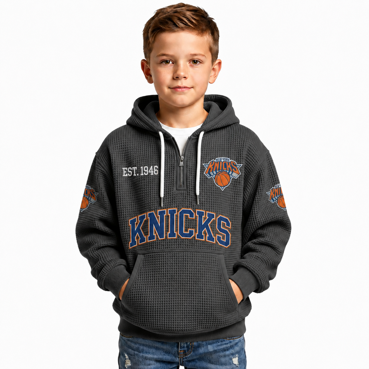New York Knicks EST 1946 Printed Waffle Quarter Zip Basketball Fan Hoodie For Kids