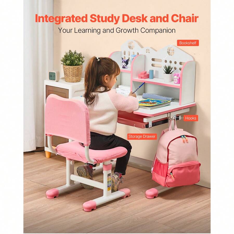Children's Study Chair And Desk Set, Children's Study Desk And Chair With Bookshelf And Storage Drawer, Children's Study Desk And Chair With Adjustable Height, 0-40&deg; Tilting Tabletop Desk And Chair, Children's Study Desk, Suitable For Bedroom And Study Room, Pink, Blue - Height-adjustable Children's Study Table and Chair, Children's Study Table, Pink - View 5
